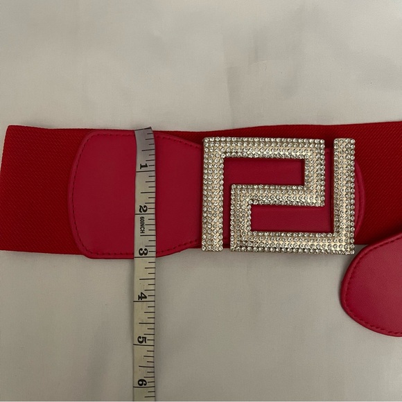 Red PU leather square buckle with rhinestones details elastic waistband belt - Picture 6 of 8